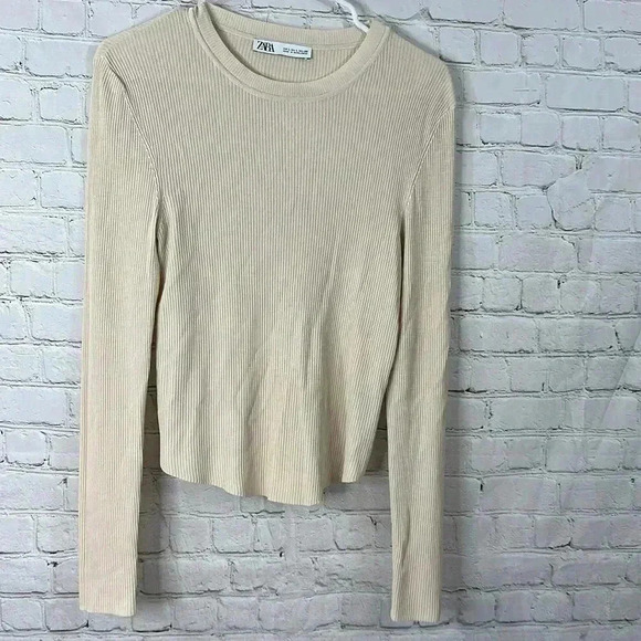 Zara Ribbed Short T-Shirt Off-White size L - Picture 1 of 3